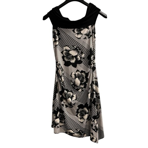 Vintage Y2K Rag Dress Womens S Black Mixed Floral Striped Drape‎ Neck Retro 90s - Picture 1 of 8